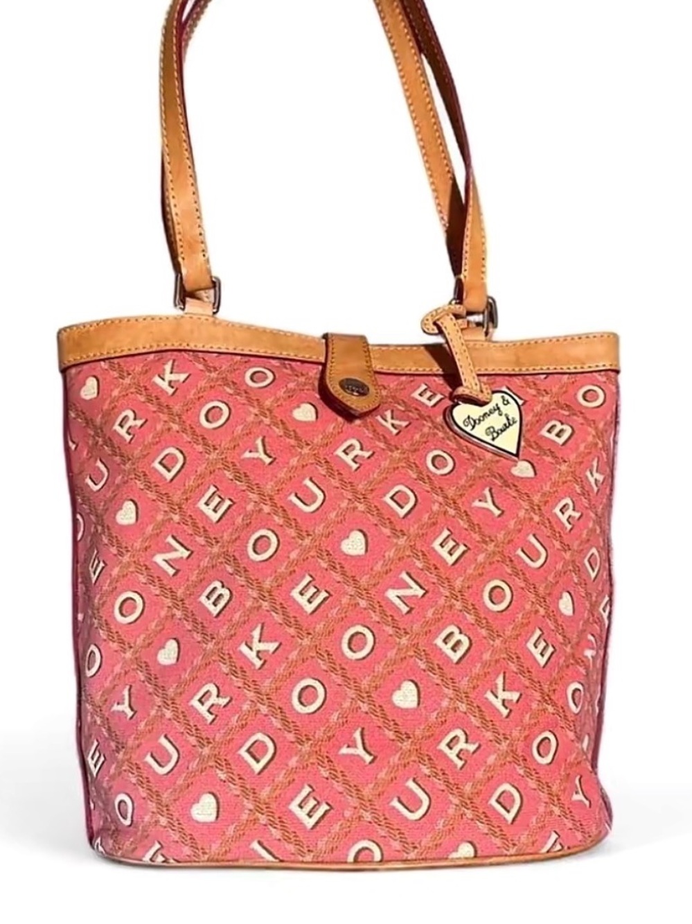 Dooney & Bourke Pink Monogram Heart Tote Shoulder Bag Tan Leather Trim Y2K